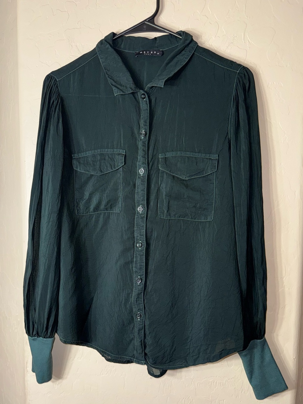 Maven West 100% Cupro Dark Green Utility Button Front Blouse XS Luxe Shirt